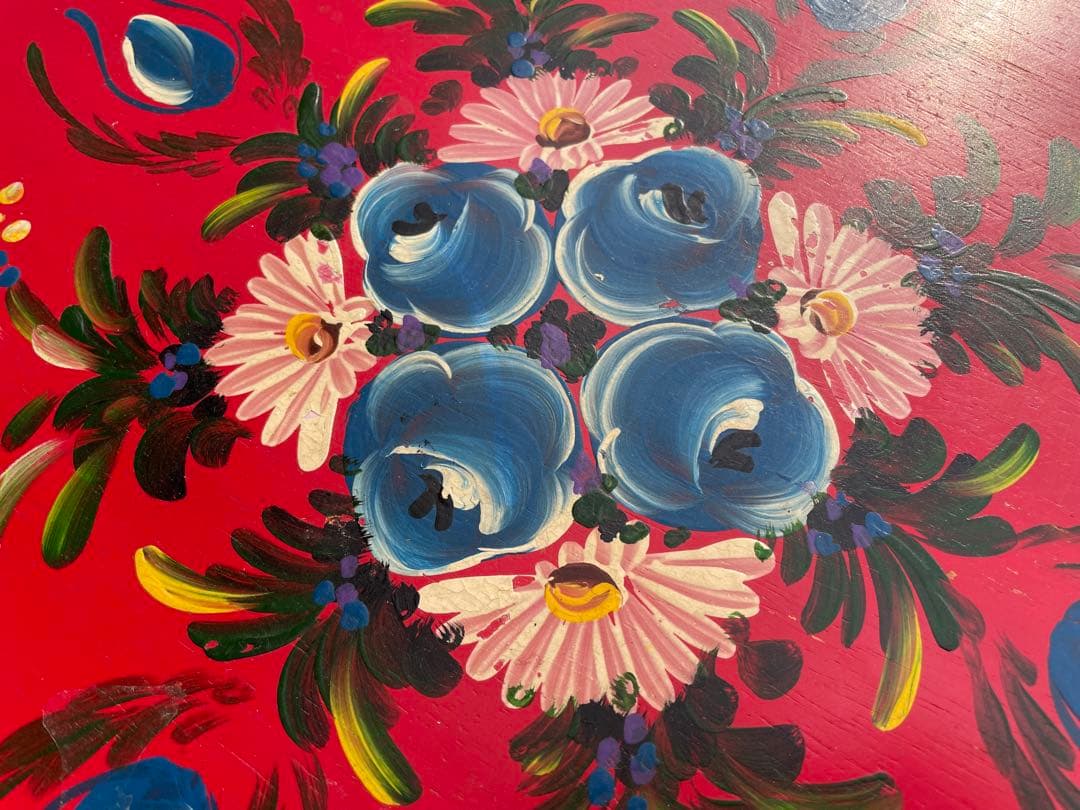 赤　花柄円形サイドテーブル　ヴィンテージ　昭和レトロ　トールペイント　机