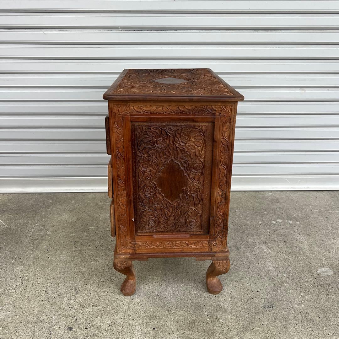 高級 アジアアン アンティーク 彫刻入り木製 引き出し付き