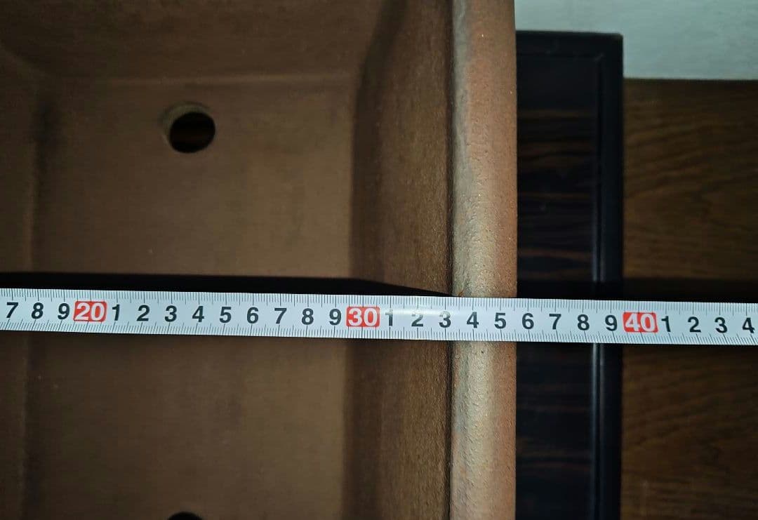 茶色の陶器製長方形盆栽鉢 太山　落款あり　希少　大型