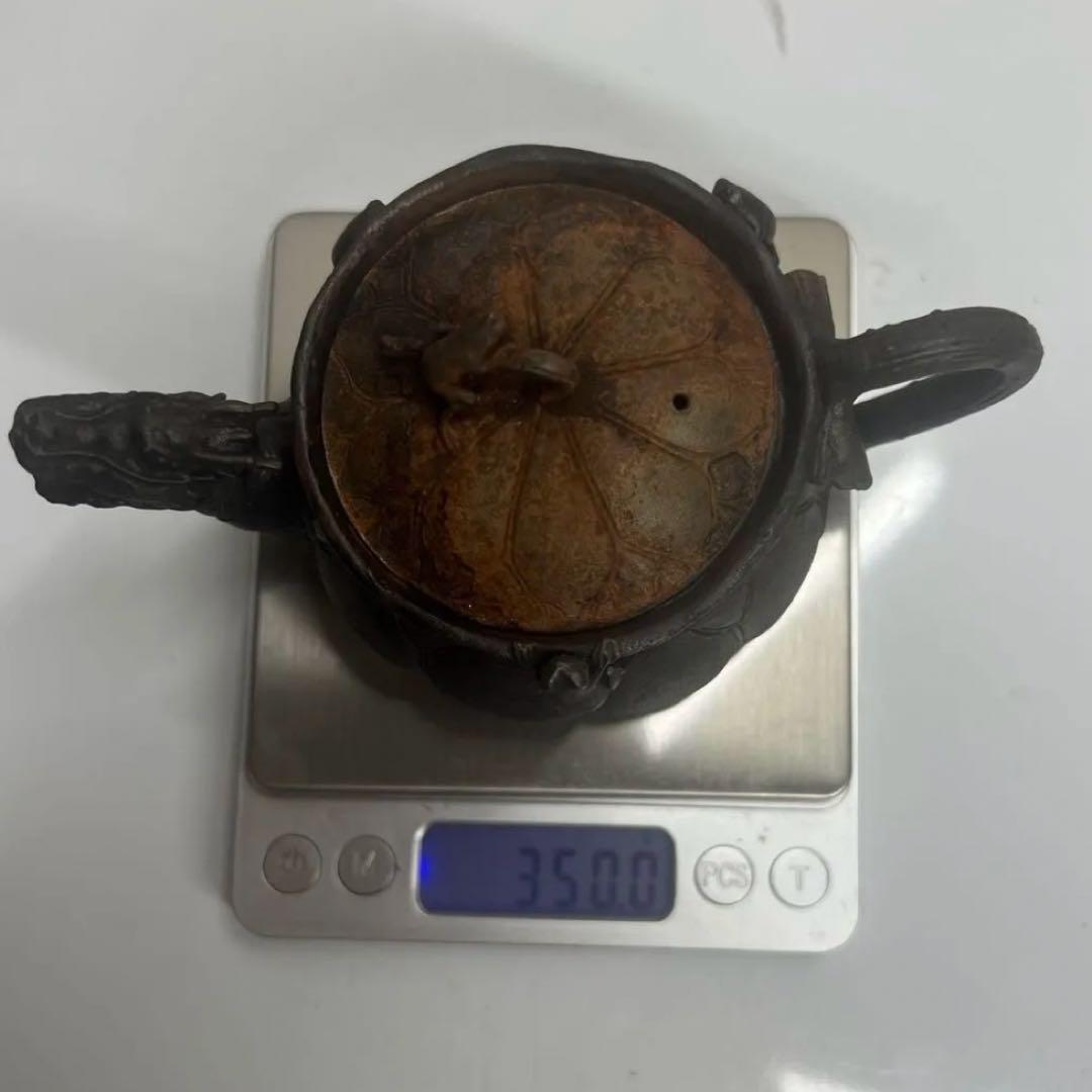 龍文堂造『安之介』　　　　　　　　　　　鉄瓶急須 龍と蛙　時代物　鉄煎茶道具