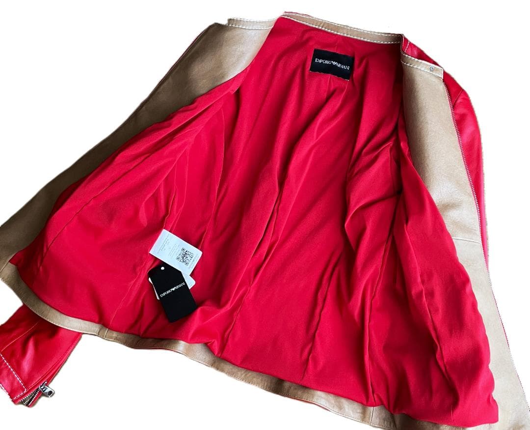 極美品 エンポリオアルマーニ 羊革 ラムレザー ライダース ジャケット 42 赤