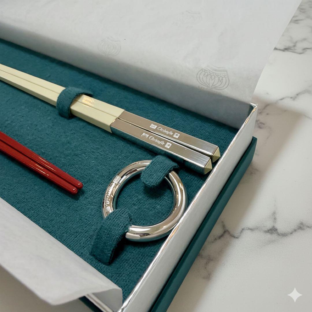 【新品未使用】CHRISTOFLE 箸 赤白 2本 箸置きセット