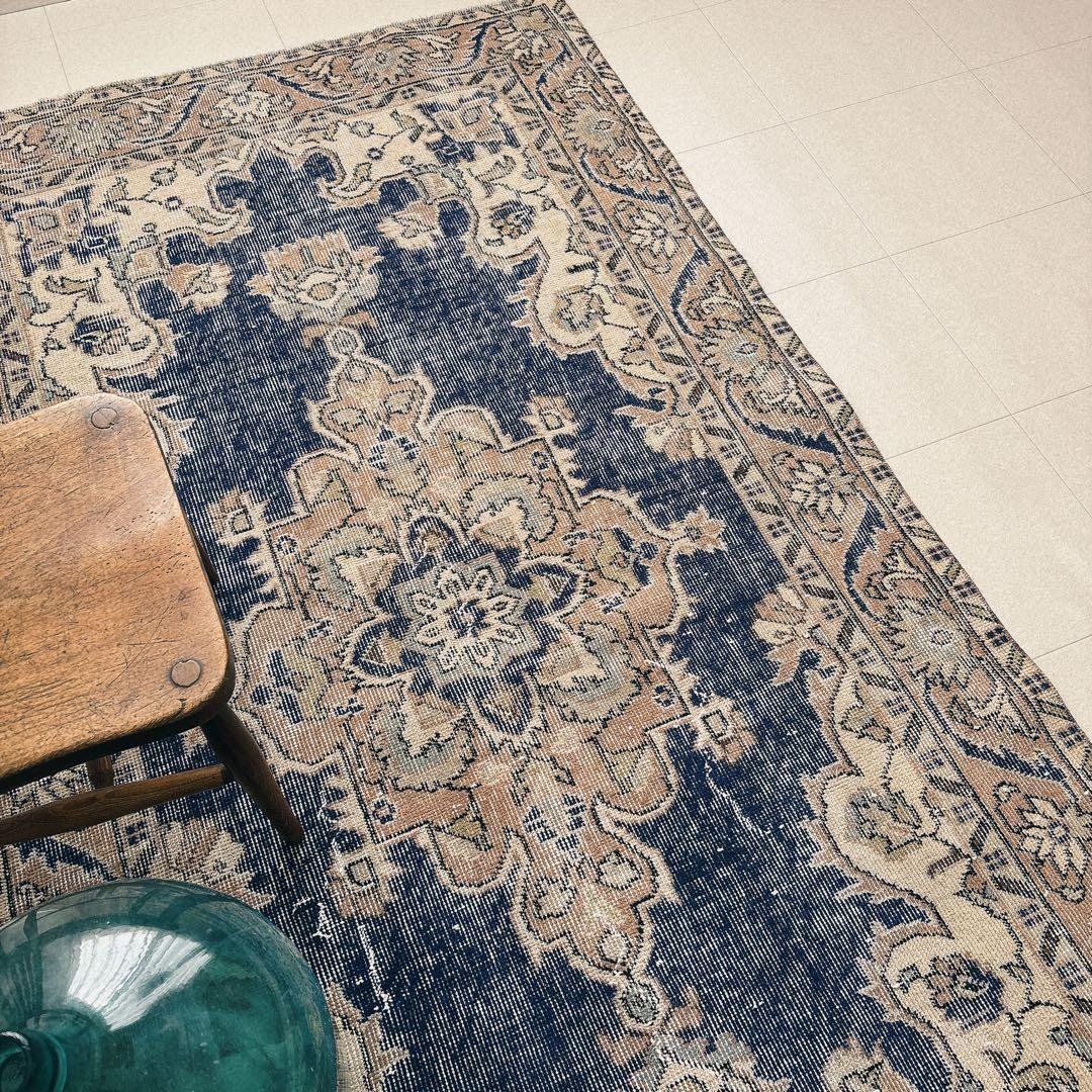 トルコ　ヴィンテージラグ　ネイビー　メダリオン　希少