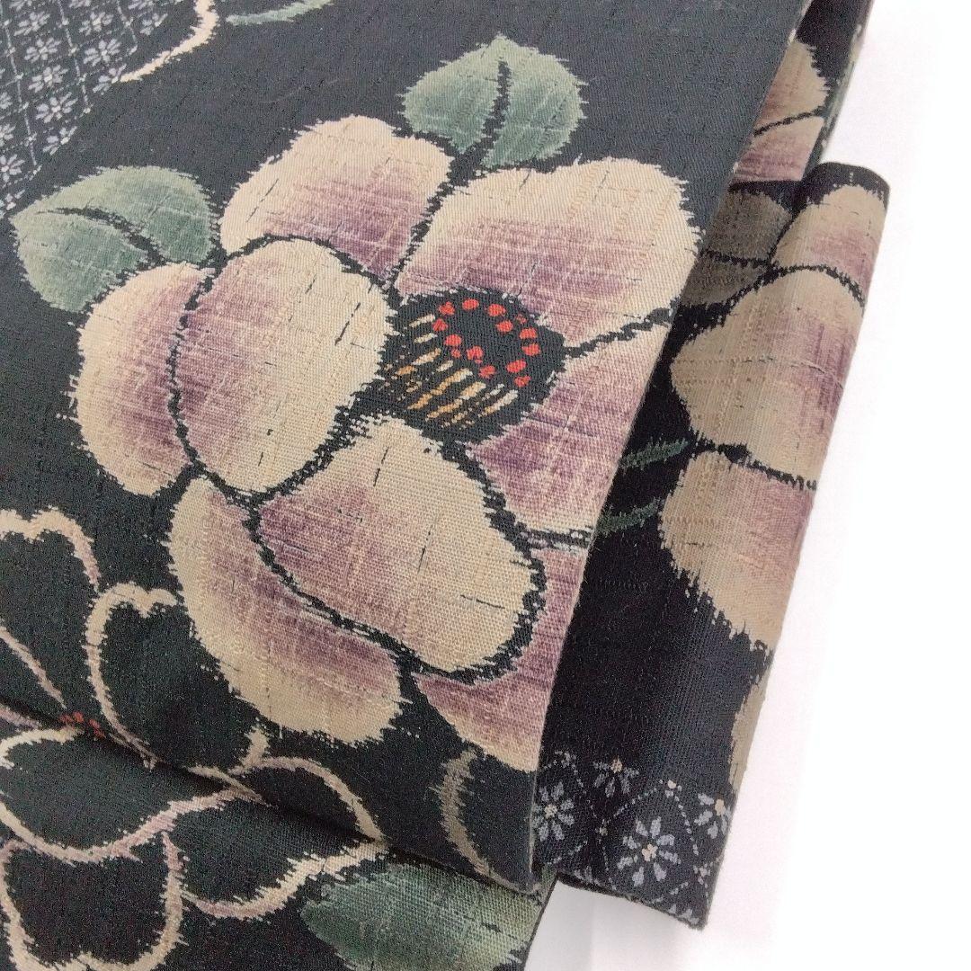 軽装帯 つけ帯 作り帯 ワンタッチ帯 椿　紬　黒　名古屋帯　正絹　#867