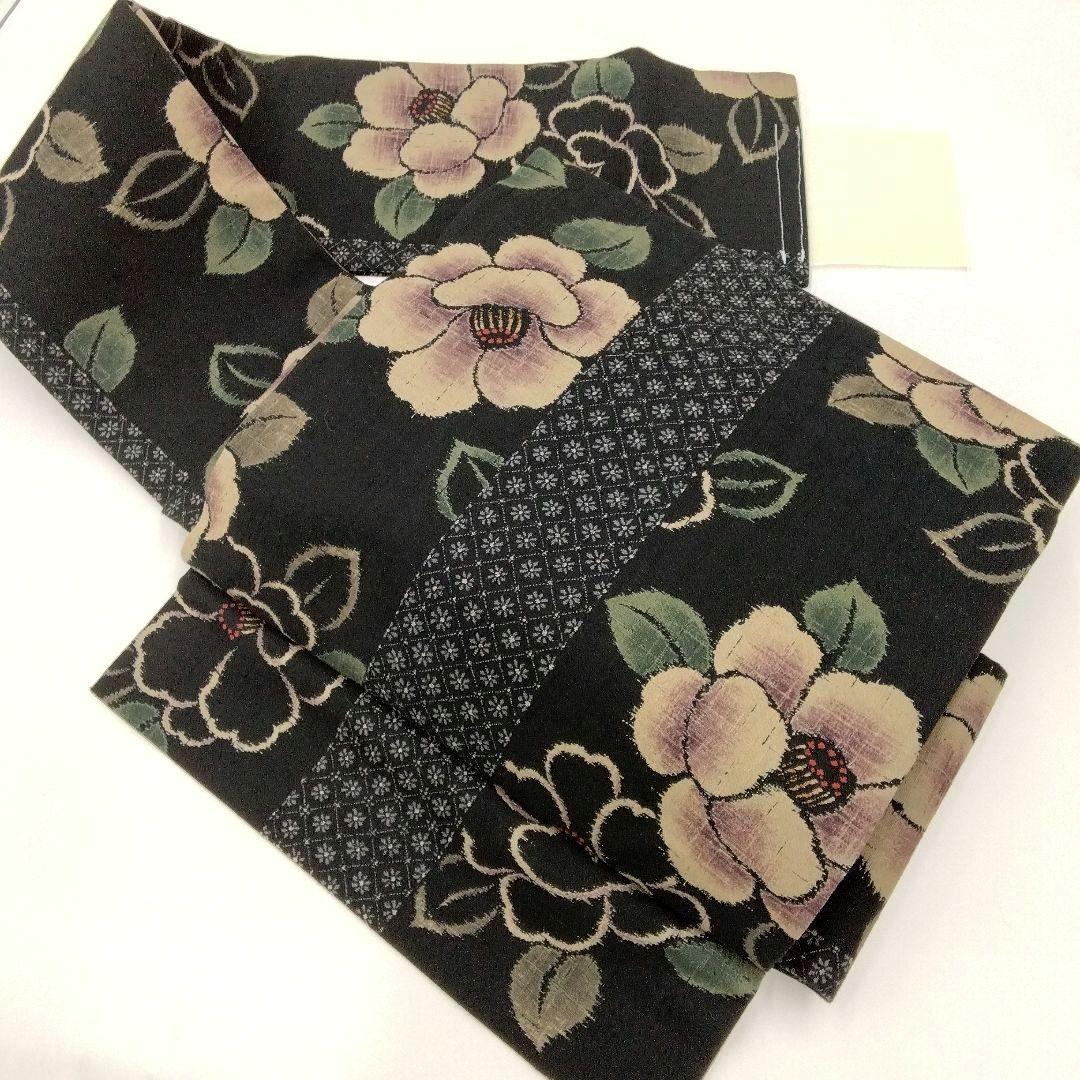 軽装帯 つけ帯 作り帯 ワンタッチ帯 椿　紬　黒　名古屋帯　正絹　#867