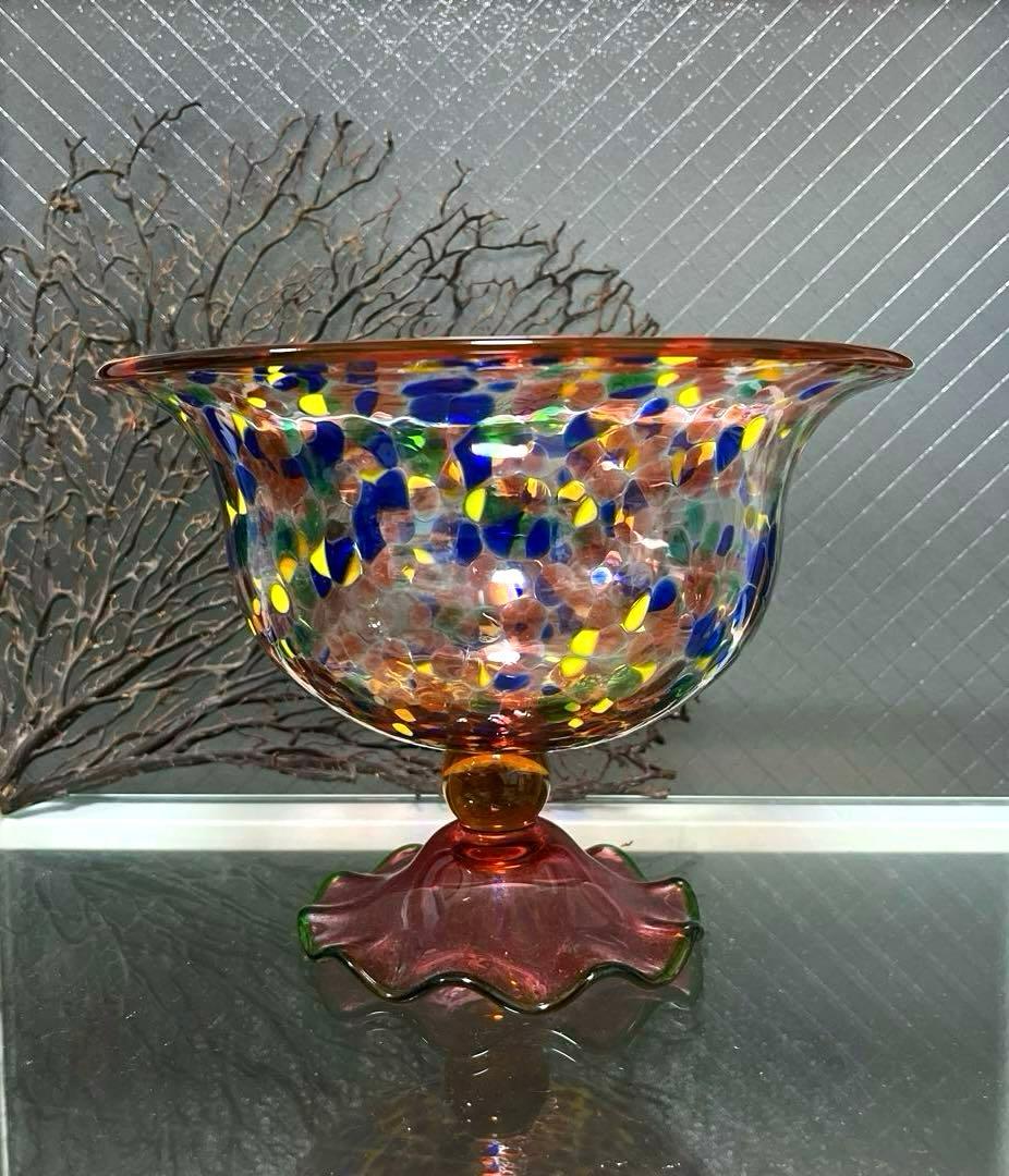 骨董　時代ガラス　希少　金赤吹雪紋　フリル 脚付　大型　コンポート　盃洗