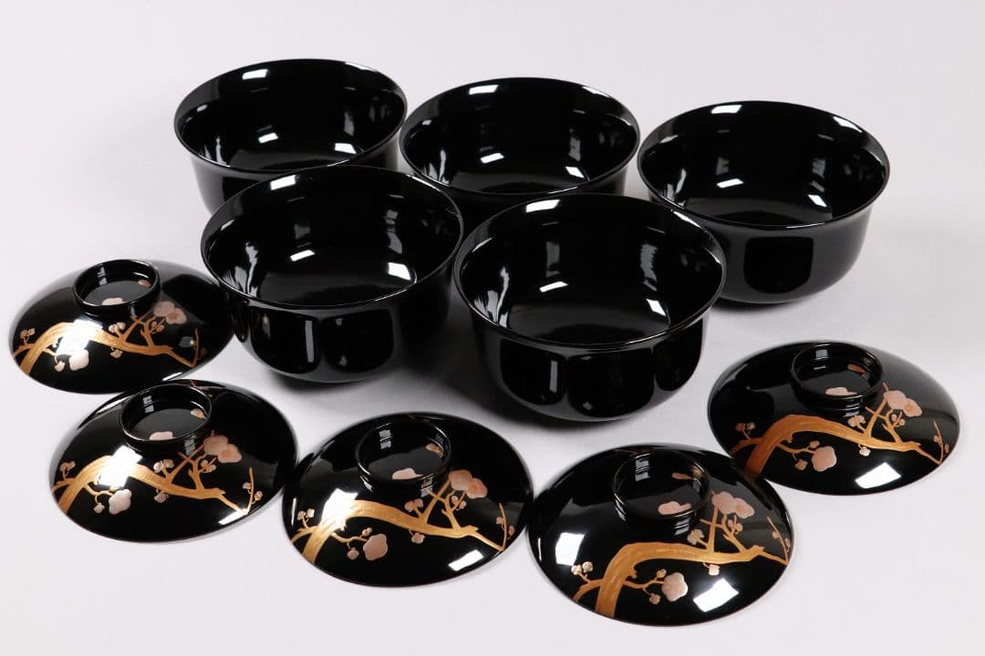 木製漆器 梅蒔絵 黒塗 椀 五客 漆芸 茶懐石 会席道具【MA287】
