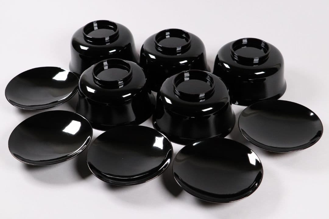 木製漆器 梅蒔絵 黒塗 椀 五客 漆芸 茶懐石 会席道具【MA287】