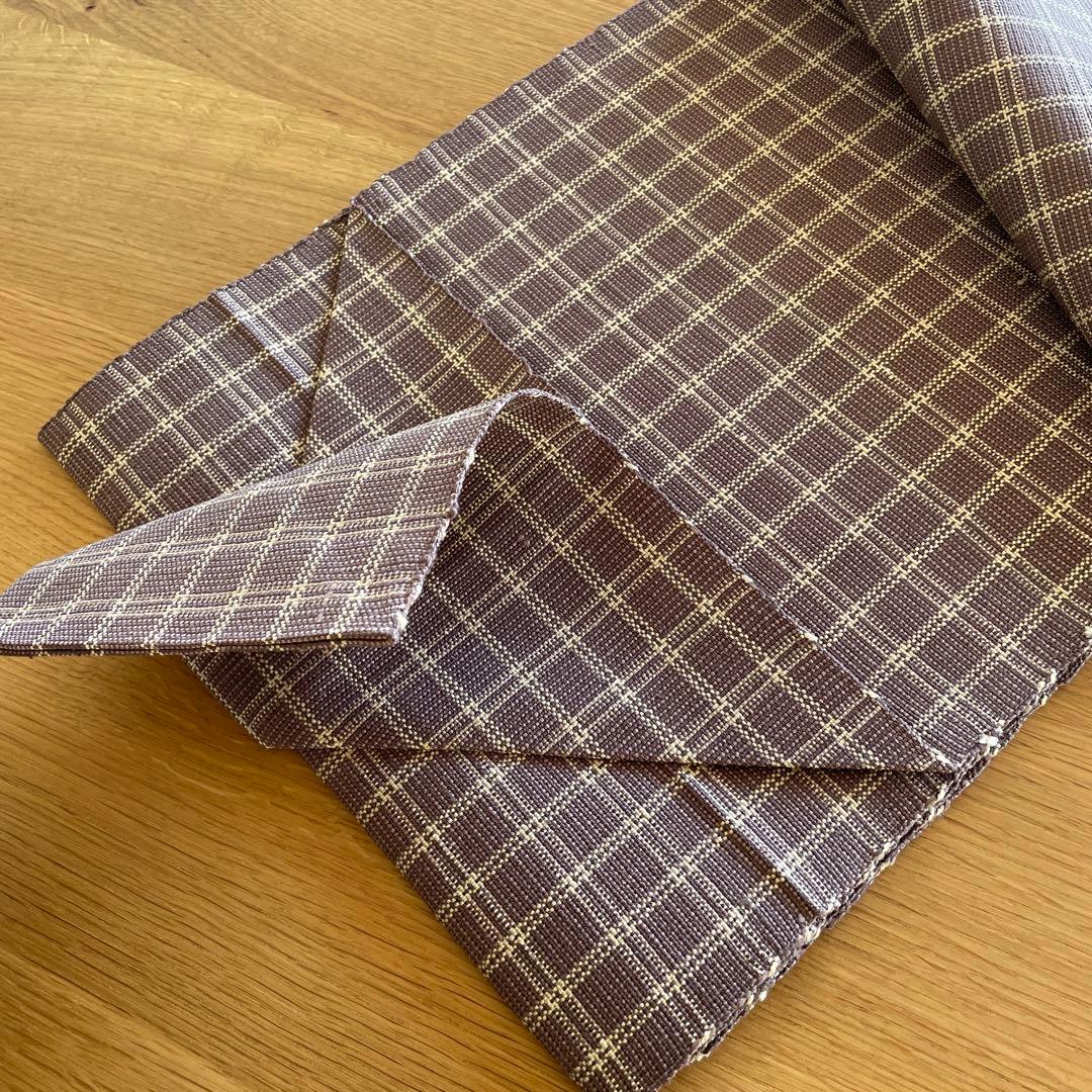 【証紙あり】結城紬　八寸名古屋帯　格子　正絹