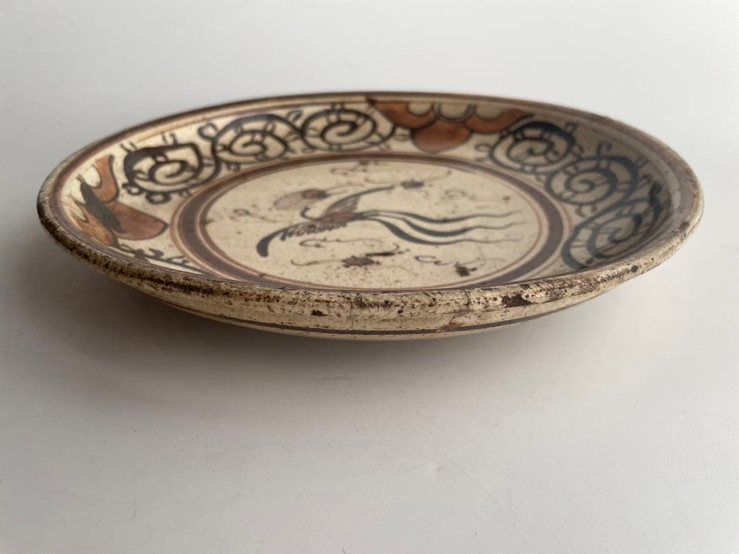 骨董　アンティーク　絵瀬戸　絵志野　鳳凰唐草文様　行燈皿　丸皿　石皿　瀬戸