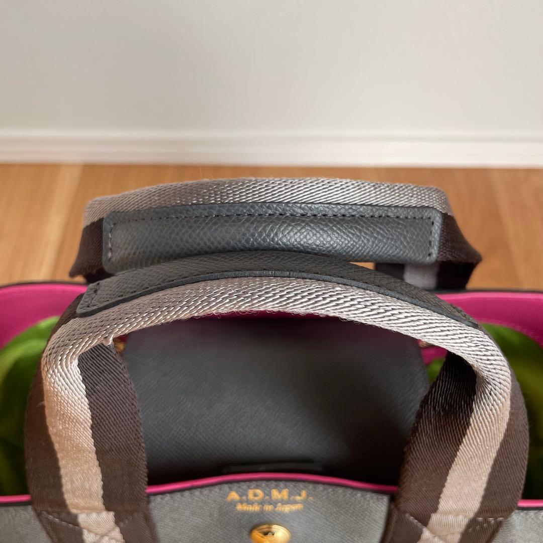 美品ADMJ ハンドバッグ レザー キャンバス　グレー　ストライプ
