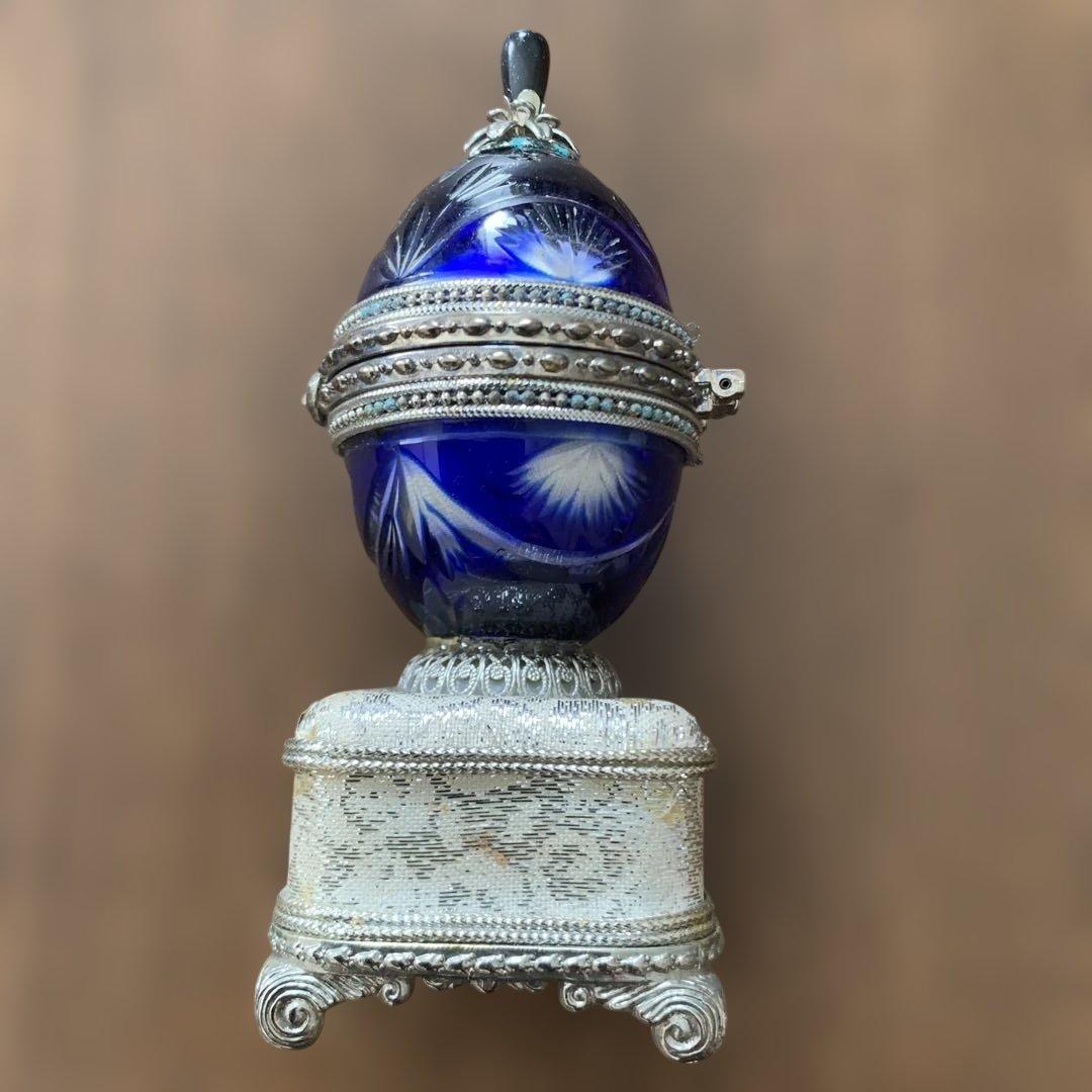 アンティーク⭐️コバルトブルー切子ガラス⭐️オルゴール付きリングケース⭐️蔵保管