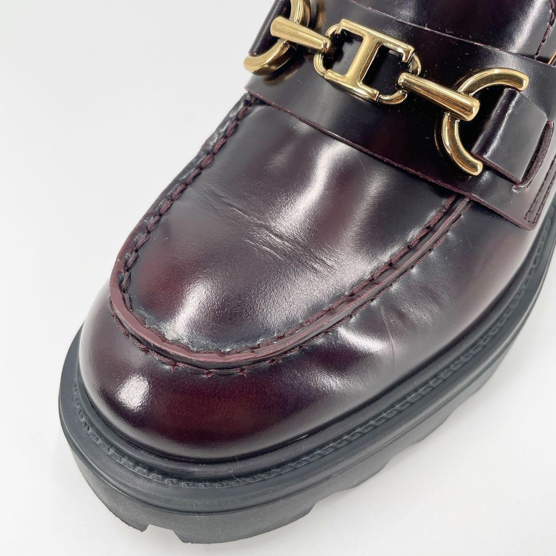 美品　トッズ　T金具　ローファー　革靴　ヒール　厚底　バーガンディ　レザー