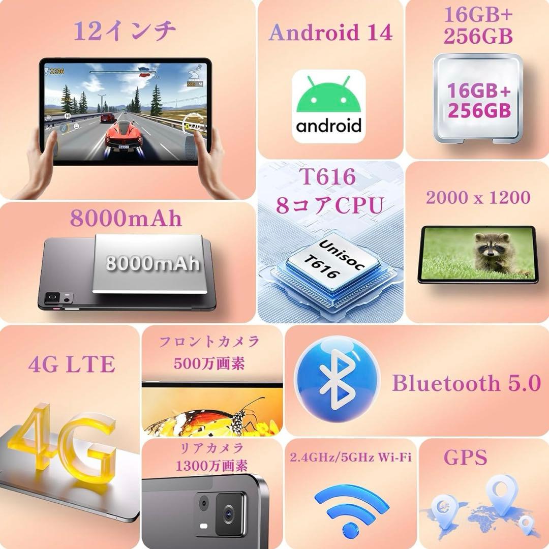 タブレット12インチAndroid14 16GB+256GB+2TB最大拡張