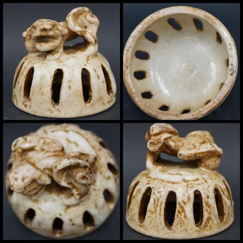 出雲焼 雲楽作 香炉 獅子摘 透かし蓋 双耳 三足香炉 箱付