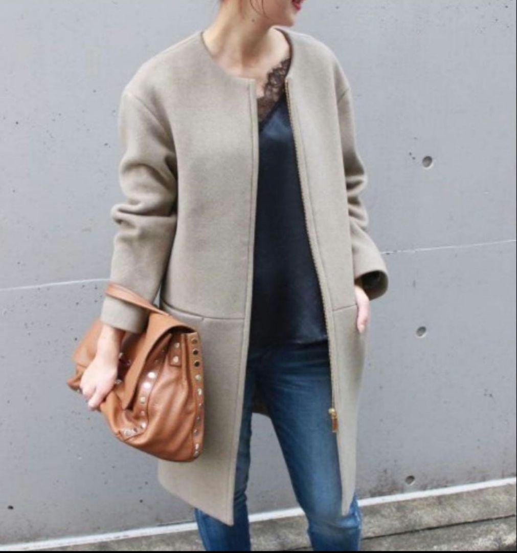 Noble ノーブル ノーカラーコート ジップアップ カシミヤ混 グレージュ