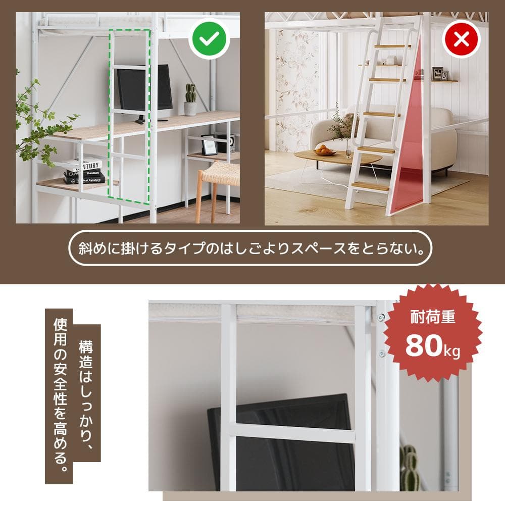 限定価格！ロフトベッド（S） デスク付き ハシゴ階段 耐荷重150　BLACK