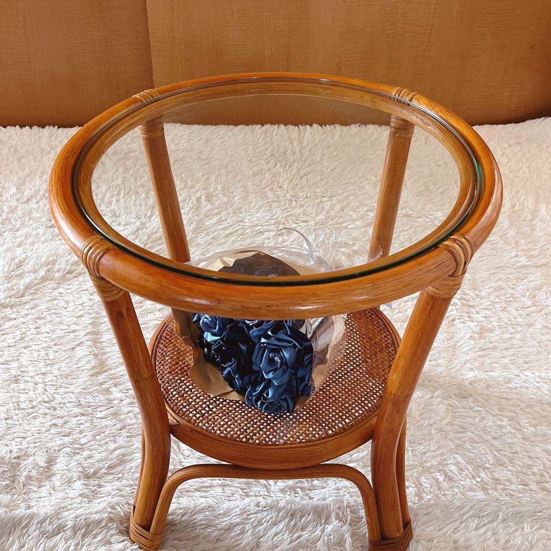 so様リクエスト品】籐 ラタン 丸テーブル　ガラス天板 昭和 レトロ 80年代