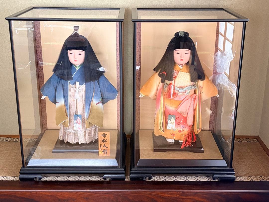 【高級　極美品】市松人形 玉秀作 ペア 男の子 女の子 ガラスケース有　台座付き