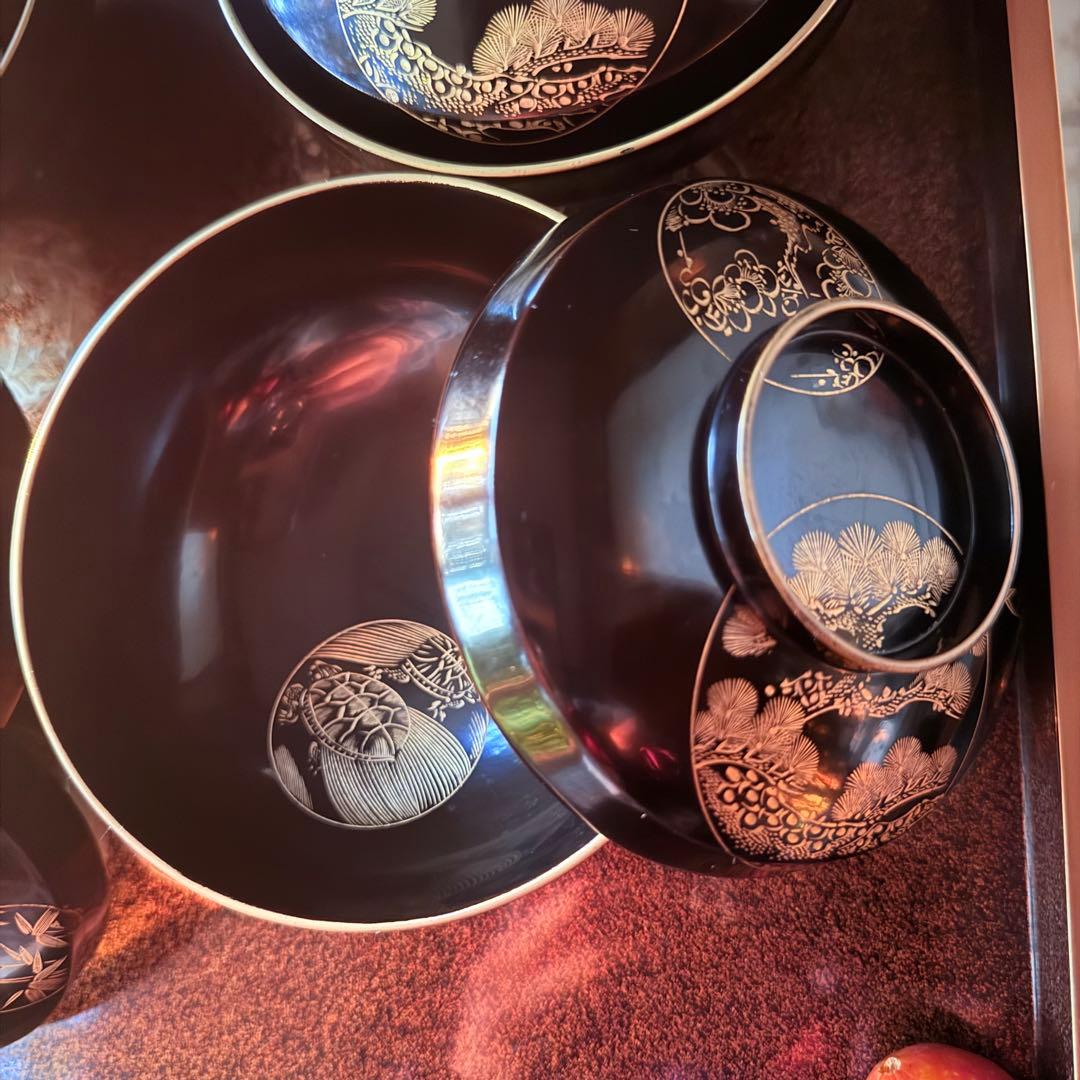 2115様感謝‼️ スーパームーン記念JAPAN輪島丸紋沈金松竹梅&鶴亀　黒椀4客