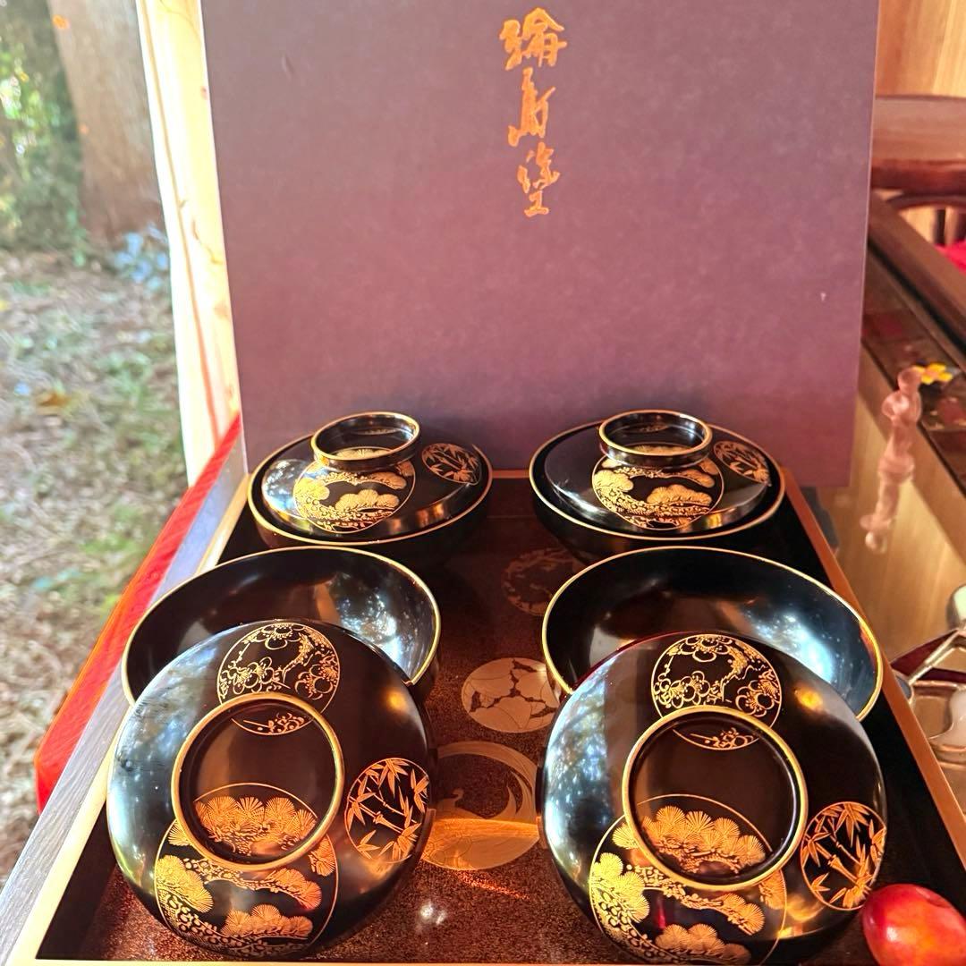 2115様感謝‼️ スーパームーン記念JAPAN輪島丸紋沈金松竹梅&鶴亀　黒椀4客