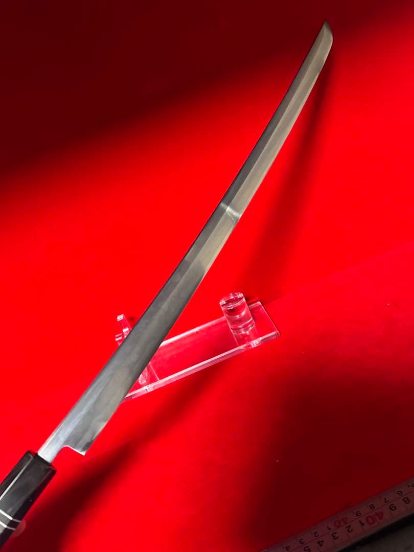 01554 包丁　先丸型　マグロ包丁　玉鋼　墨流し　地肌有り　両刃　未使用品