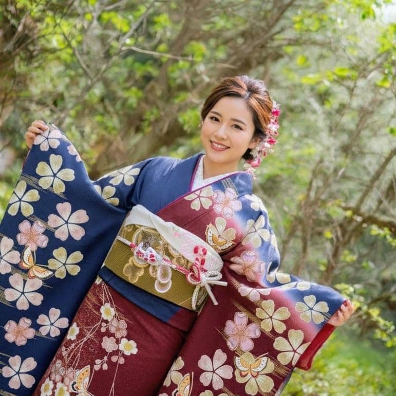 351華やぎ【最終価格】【桜蝶　紺色×ワイン色】【振袖6点フルセット】卒業謝恩会