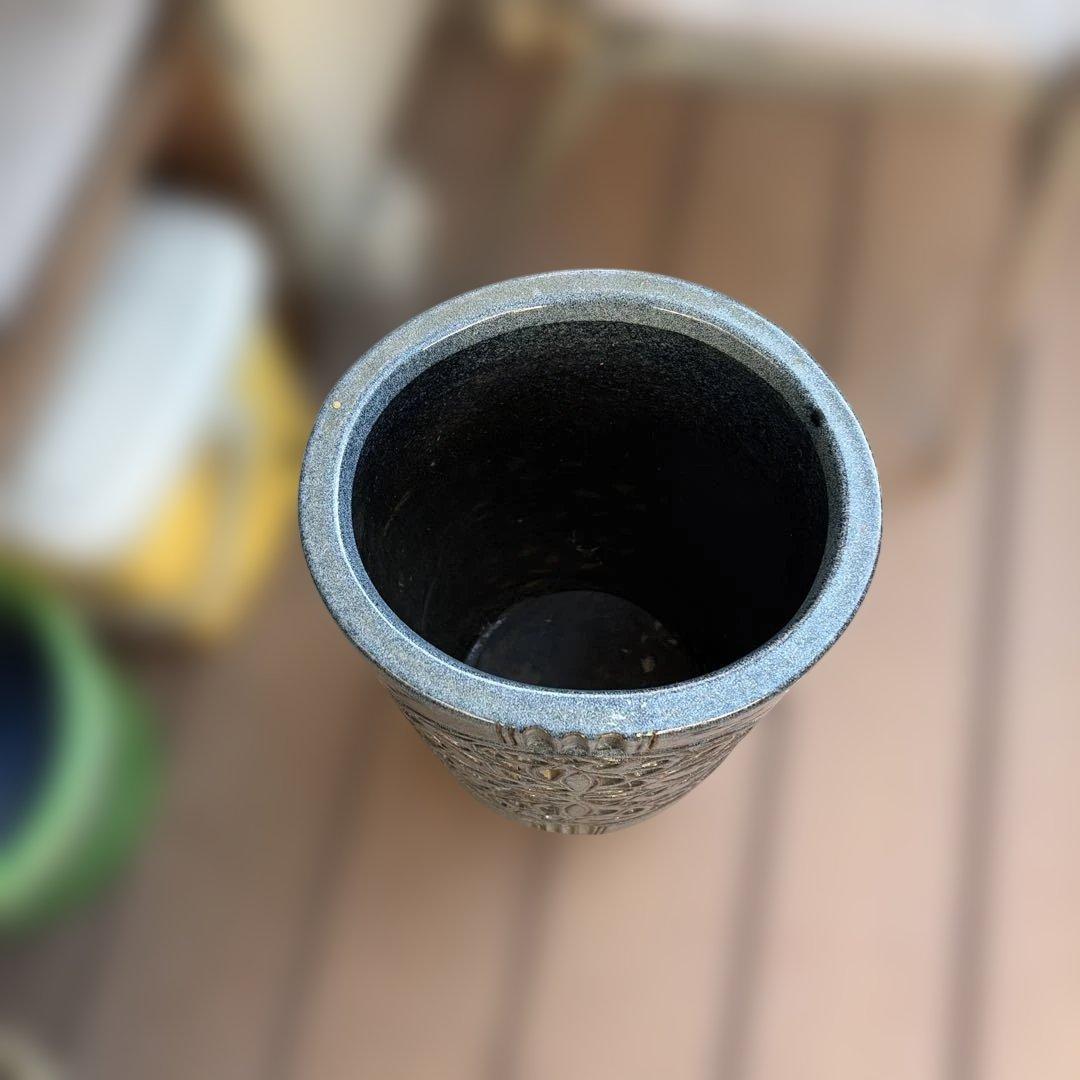 昭和レトロ 信楽焼 大型 陶器製 楕円形 焼き物 傘立て ブルー網目陶器製傘立て