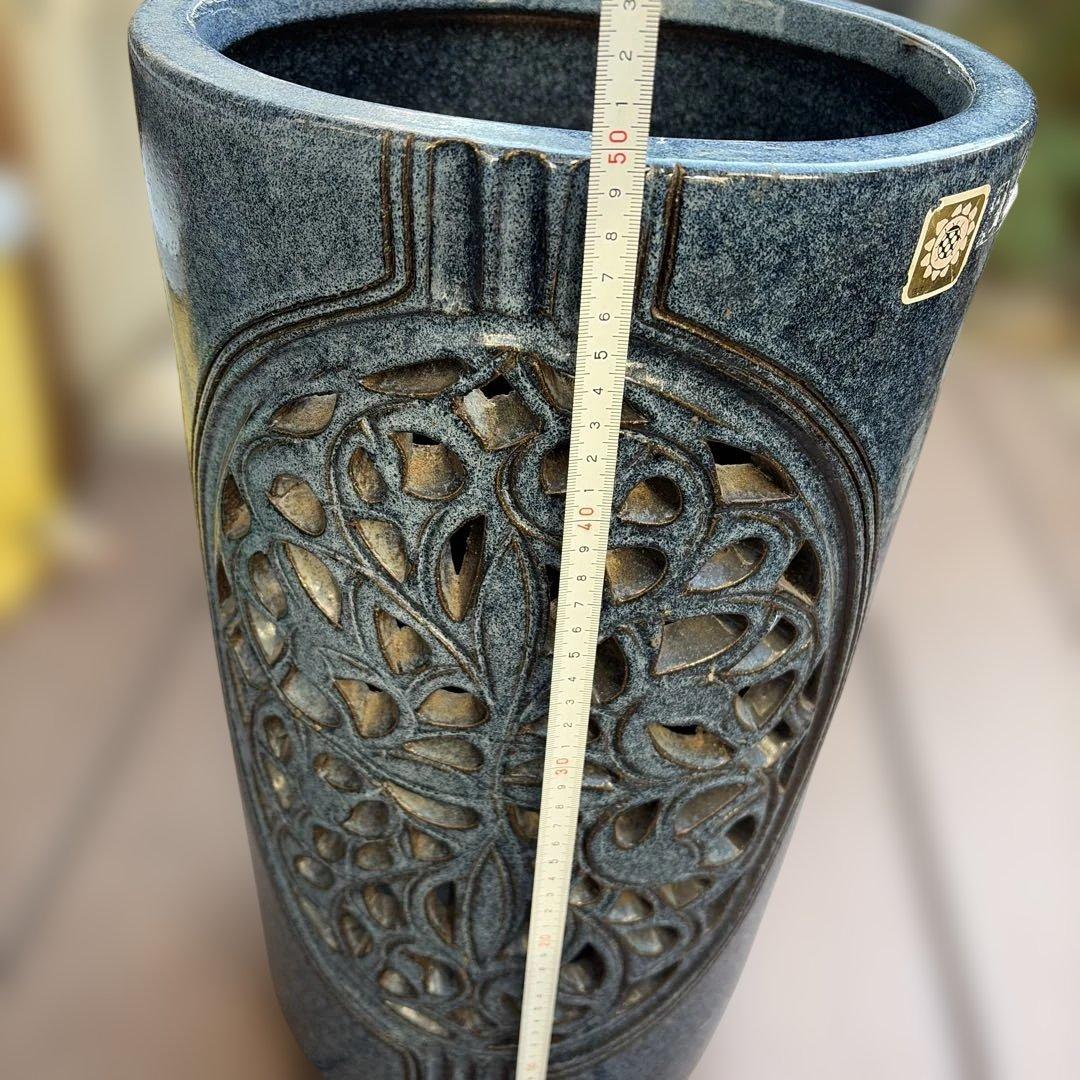 昭和レトロ 信楽焼 大型 陶器製 楕円形 焼き物 傘立て ブルー網目陶器製傘立て