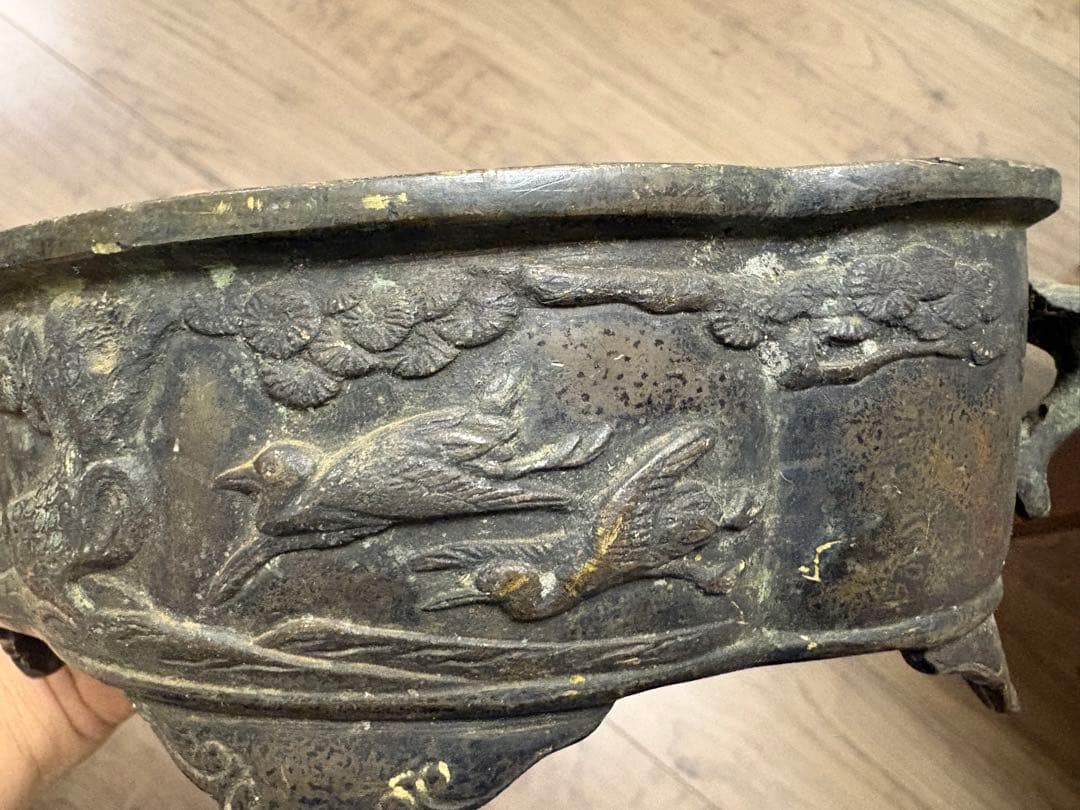 銅器　小振り　水盤　砂鉢　華道　花器　煎茶道具　茶室　花鳥図 古銅製 時代物