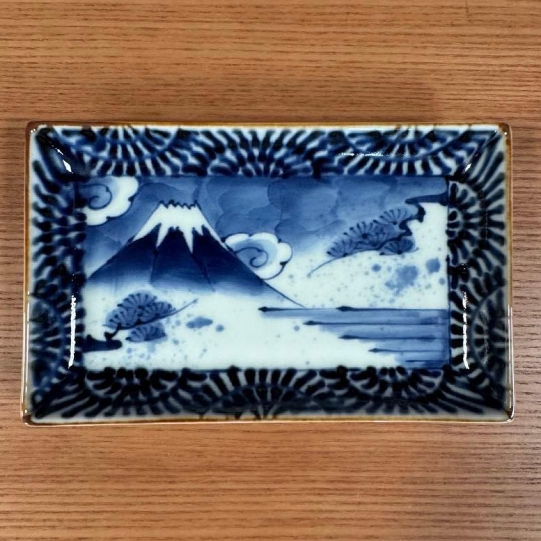 有田焼 福泉窯：染付濃蛸唐草富士山文 小焼物皿 4枚セット☆