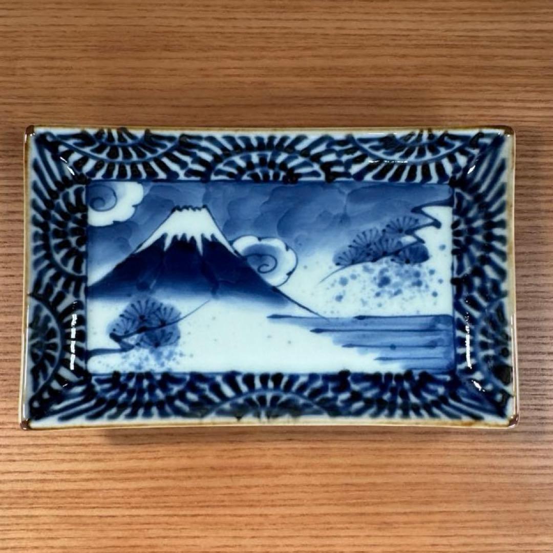 有田焼 福泉窯：染付濃蛸唐草富士山文 小焼物皿 4枚セット☆