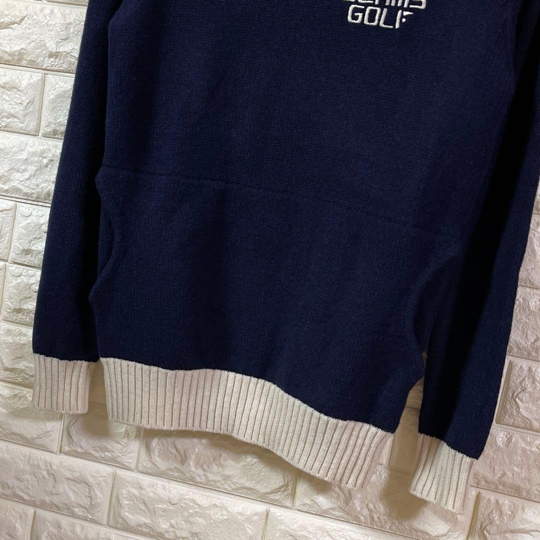 BEAMS GOLF ウール100% バイカラー タートルネック ニット 紺 S