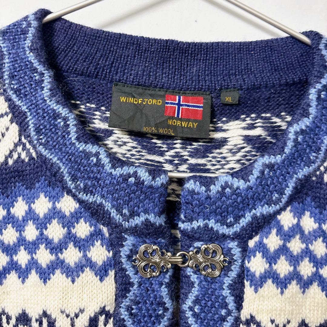 NORWAY製【XL】ノルディック柄ウールニットフック留めWIND FJORD