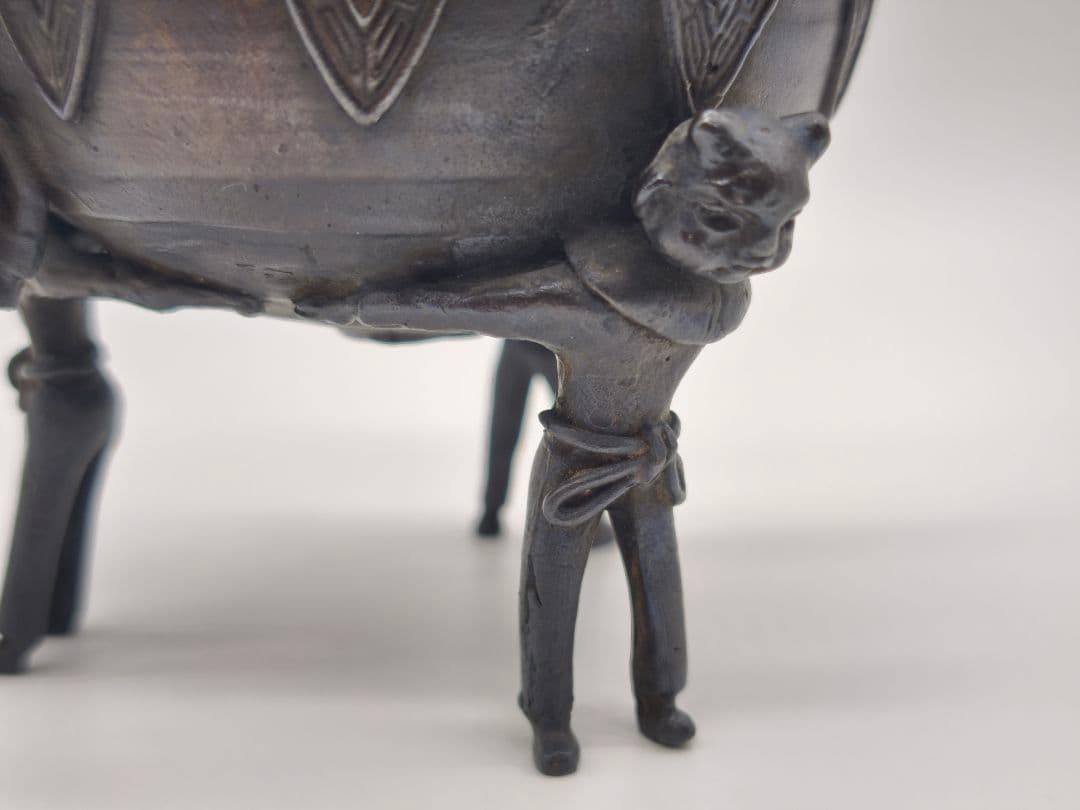 織田幸銅器 須賀月芳作 青銅製 香炉 玉型 霊芝耳 唐子足 螺鈿模様