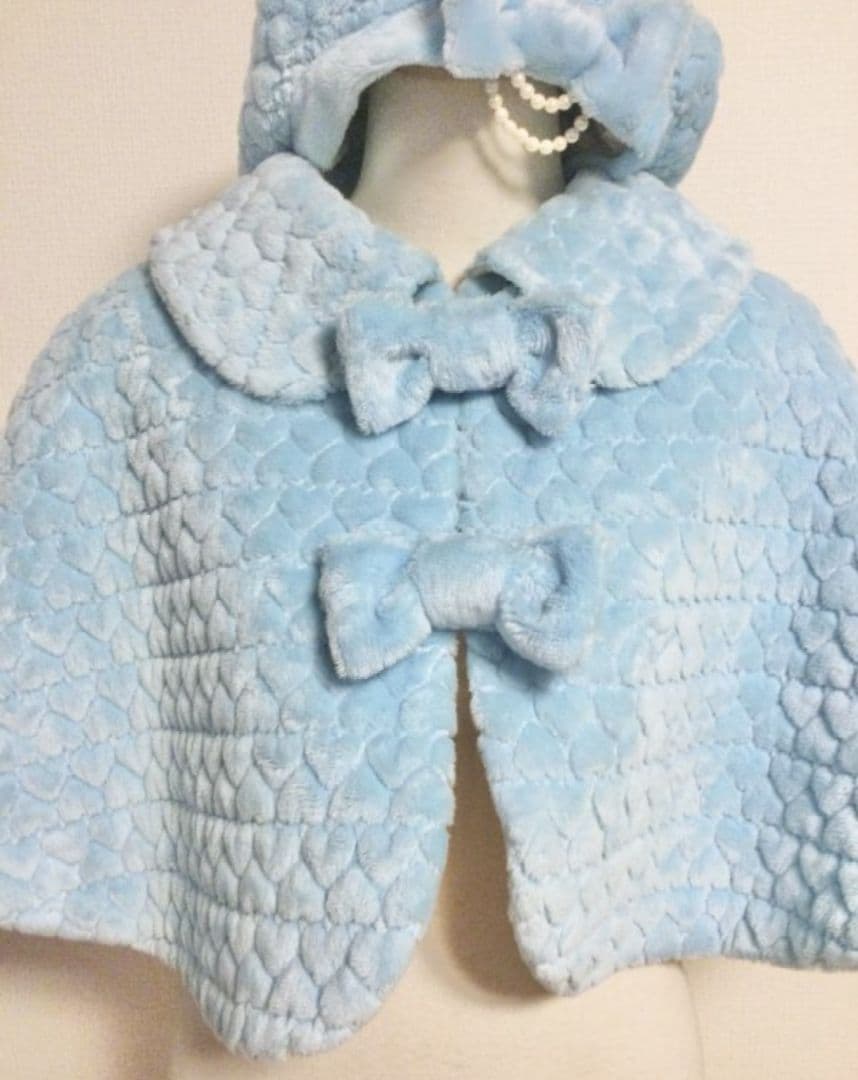 ハート模様リボンつきファーケープ＆ファーベレー帽 セット サックス ミント