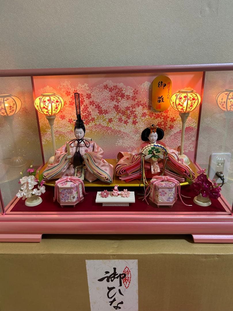 河西工芸 お手入れセット付き 雛人形 ひな人形 ピンク 2人 ライト点灯