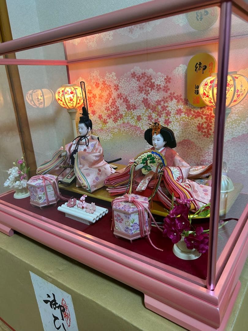 河西工芸 お手入れセット付き 雛人形 ひな人形 ピンク 2人 ライト点灯