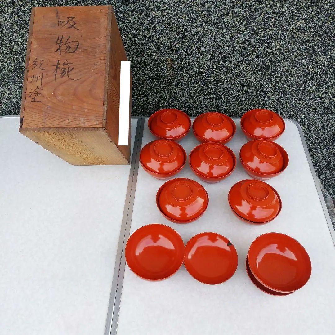 紀州塗　朱　喜び　漆塗り　吸物椀　10個セット　蓋付　ヒビ、ハゲあり