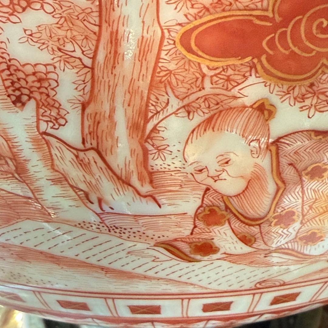 超限定28日20時迄‼️愛蔵品不世出超絶鳳凰＆賢人竹林図赤藍九谷赤呉須大鉢木箱入