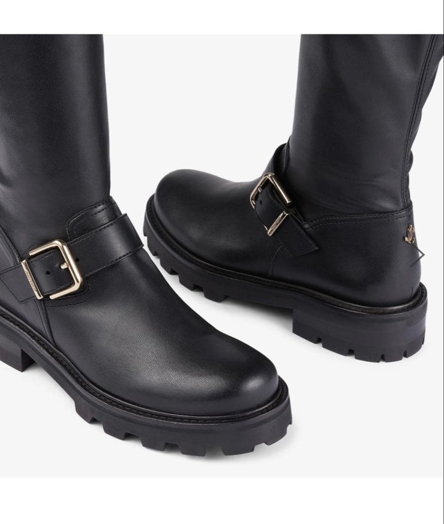JIMMY CHOO 37 黒ニーハイブーツ金具付きストラップ定価¥180400