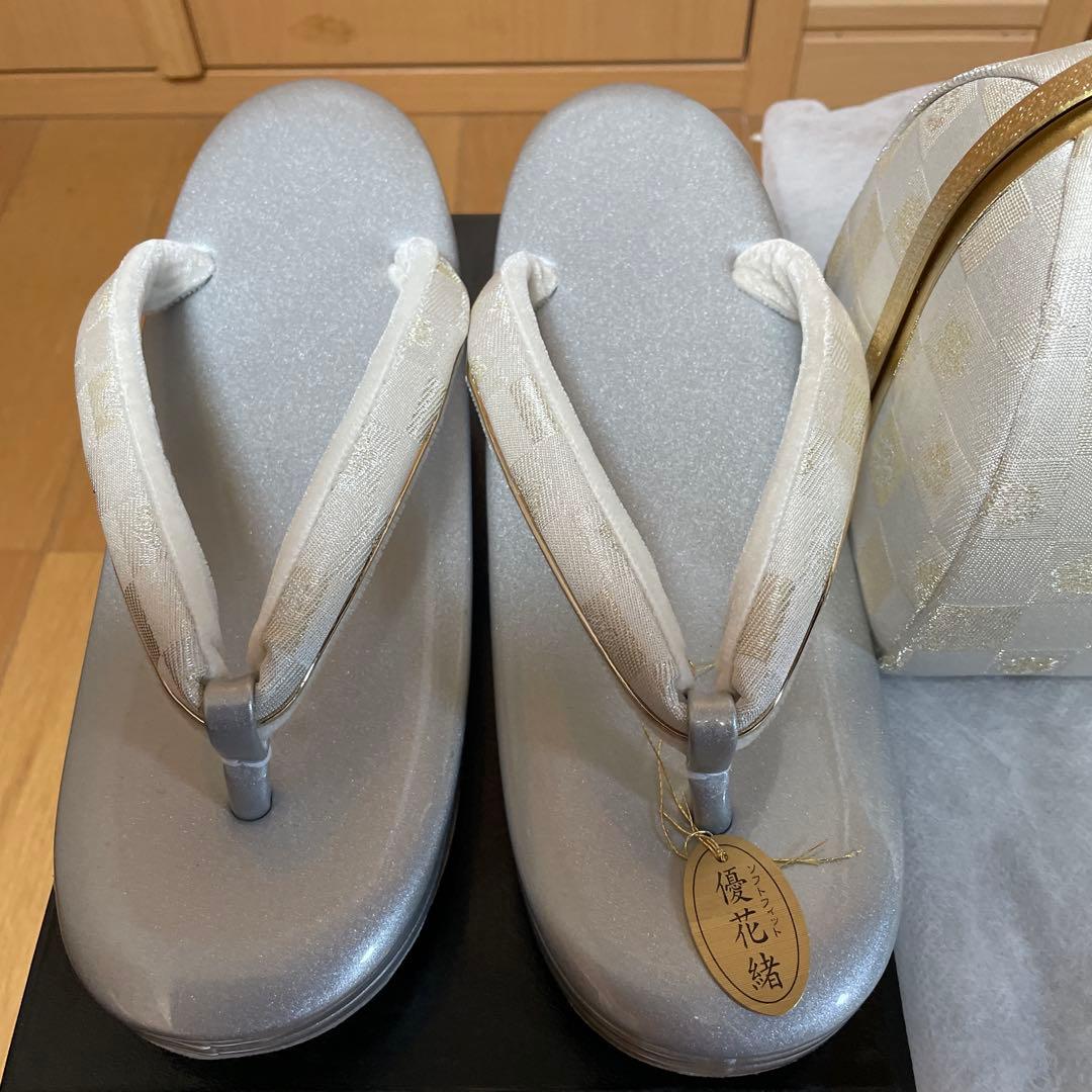 ホワイト チェック柄 ハンドバッグと草履セット