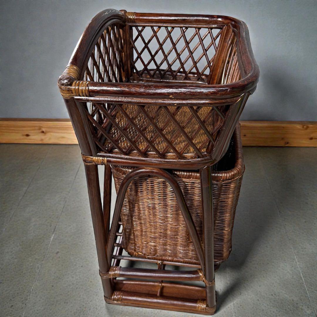 【雰囲気爆発】昭和レトロ 籐製ラタンワゴン キャスター付 脱着式バスケット