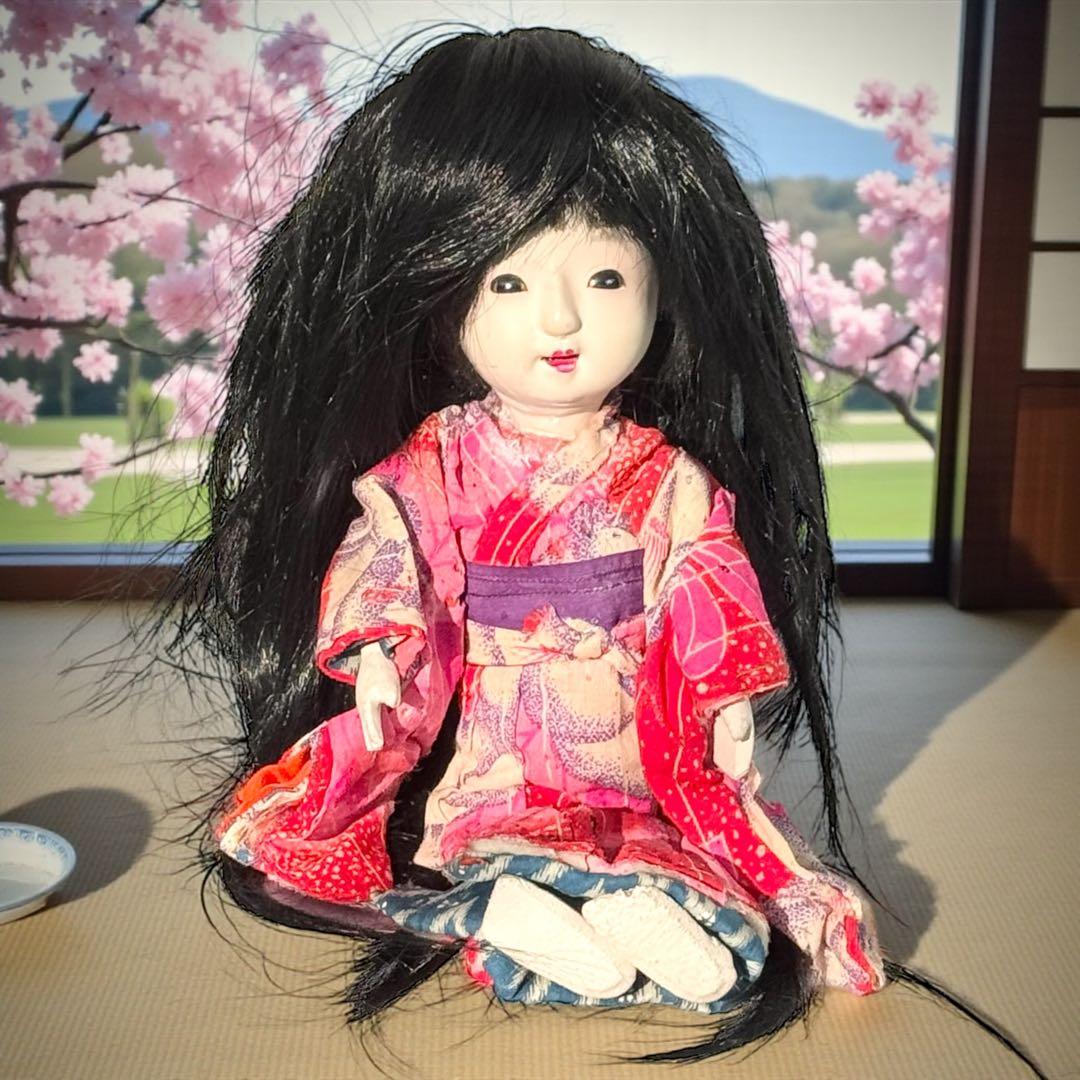 市松人形 明治後期 市印 朱印 三つ折れ 単色黒目 ガラス目 縮緬 1890年代