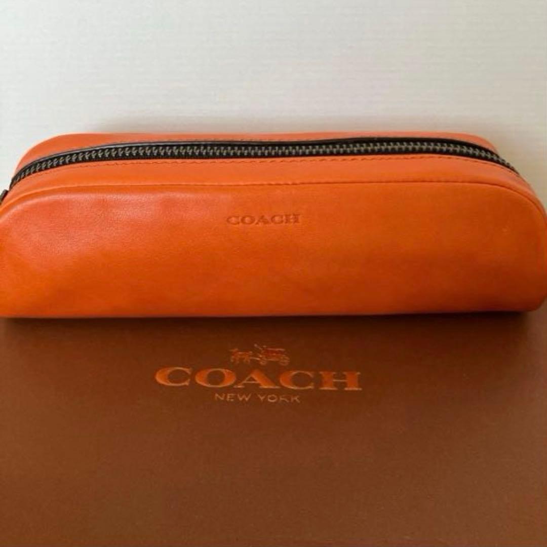 【新品未使用】COACH カーフレザー ペンシルケース　サンバ　オレンジ　箱付き