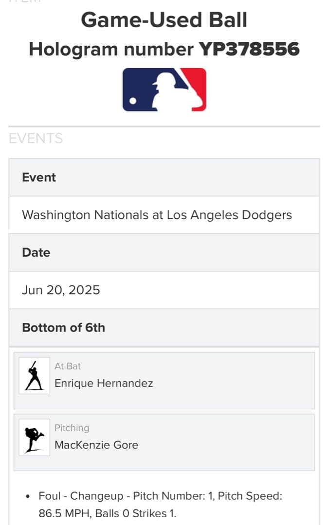 2025年 ドジャース戦 実使用球 キケ ヘルナンデス　ゴア　ファール