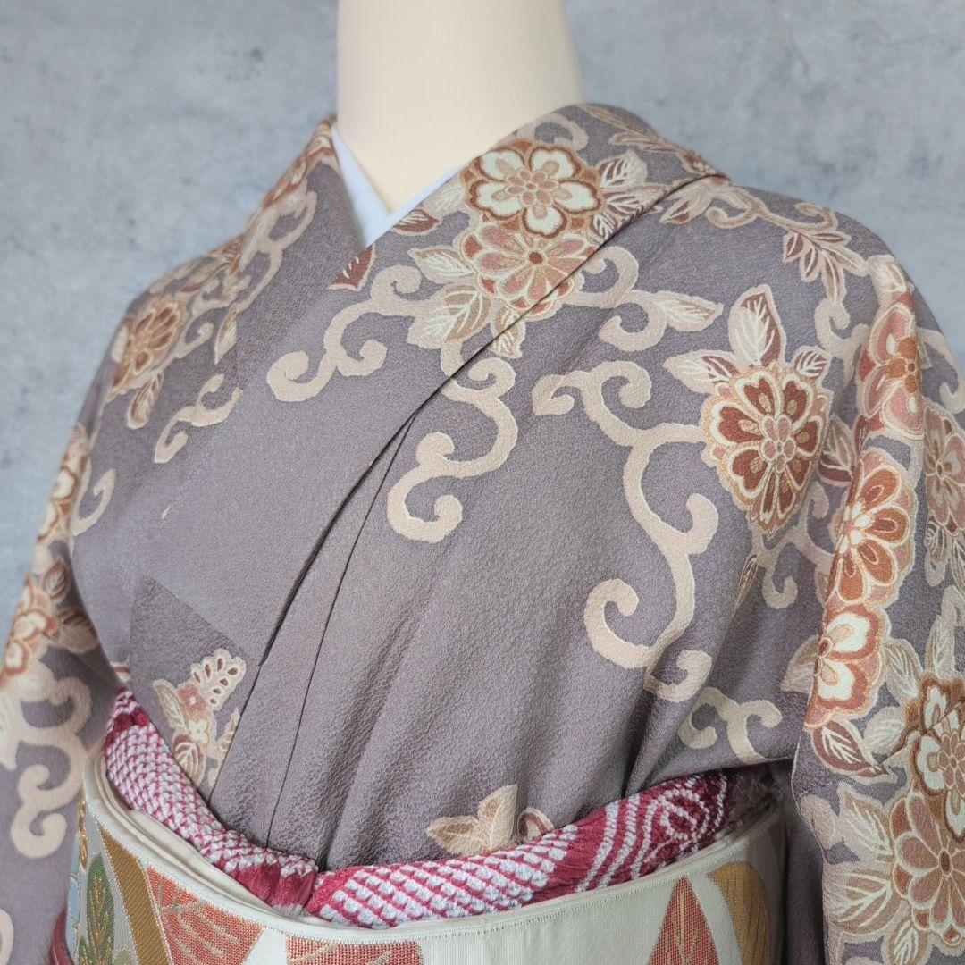 訪問着　フルセット　着物　正絹　グレー地　花　豪華　E1