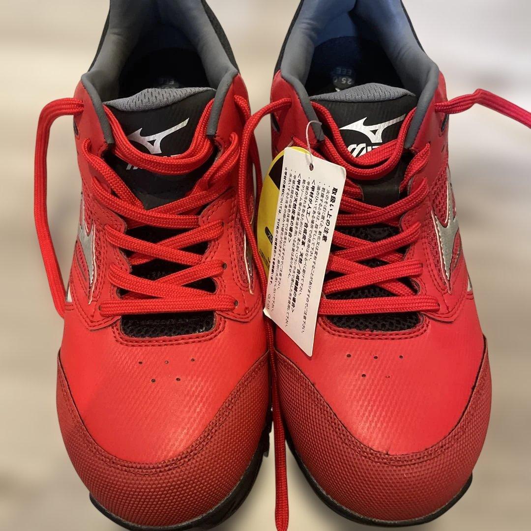 新品未使用品 Mizuno 安全靴 赤/ネイビーライム 25㌢ お得2足セット