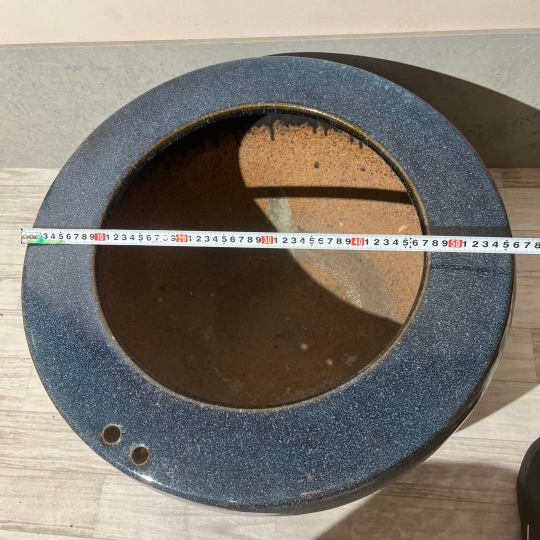 大型火鉢　ブルー　金魚鉢　焼き物　陶器　アクアリウム　大型