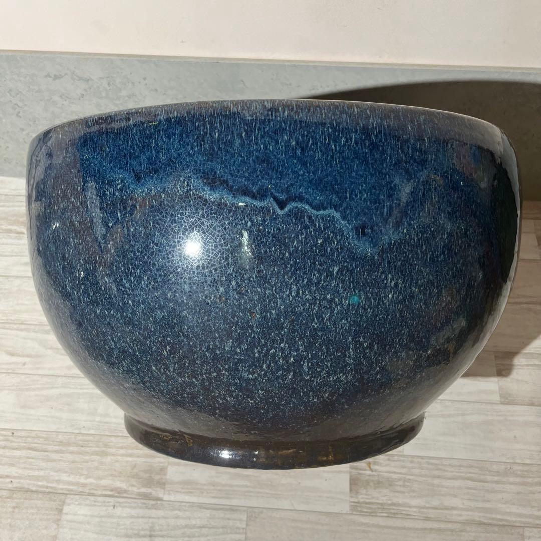 大型火鉢　ブルー　金魚鉢　焼き物　陶器　アクアリウム　大型